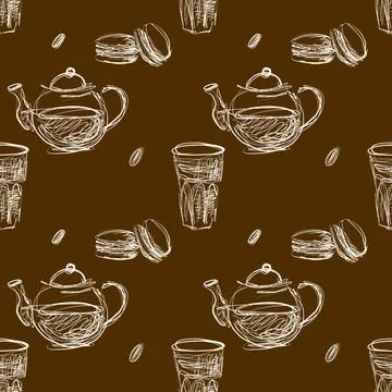 Tea and Macaron Scribble Seamless Pattern on Brown Background Stock Illustration