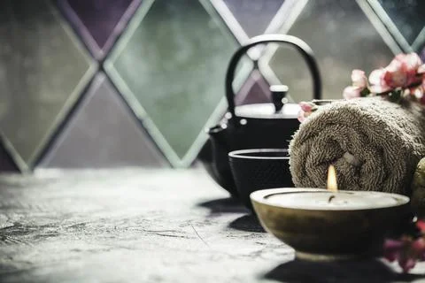 Tea and SPA composition. Natural cosmetics and wellness concept. Stock Photos
