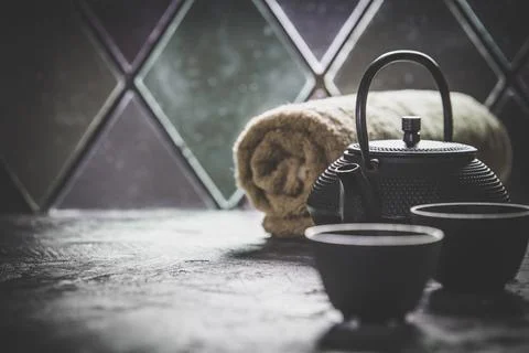 Tea and SPA composition. Natural cosmetics and wellness concept. Stock Photos