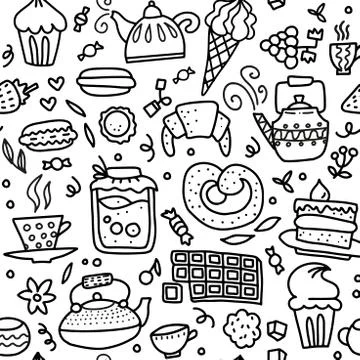 Tea and sweets seamless doodle pattern. Outline hand drawn illustration about 스톡 일러스트