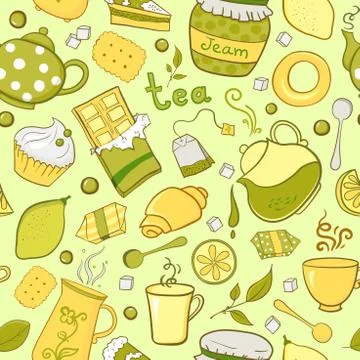 Tea and sweets seamless pattern in doodle style Stock Illustration