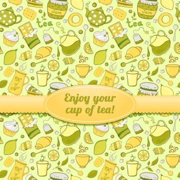 Tea and sweets seamless pattern with label Stock Illustration