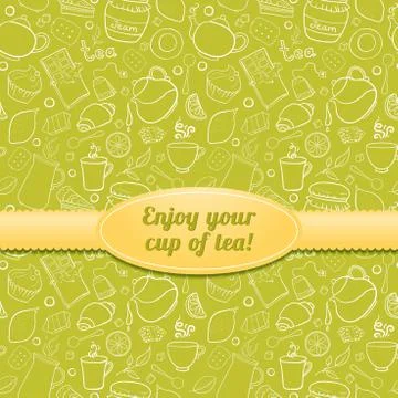 Tea and sweets seamless pattern with label Stock Illustration