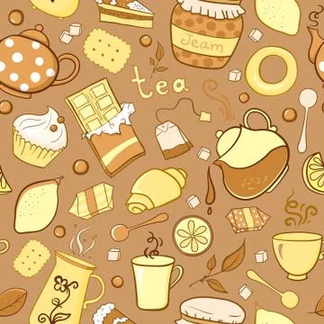 Tea and sweets seamless pattern in doodle style Stock Illustration