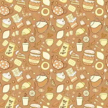 Tea and sweets seamless pattern in doodle style Illustrazione stock