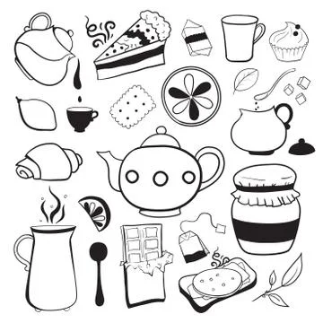 Tea and sweets vector black and white objects Stock Illustration