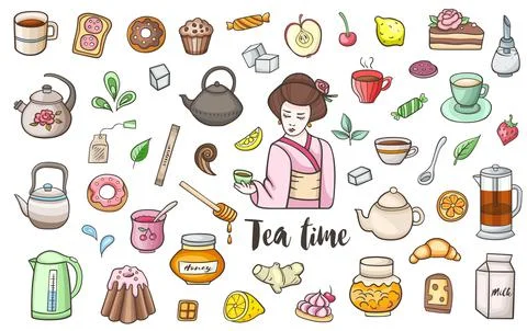 Tea and sweets vector doodles Stock Illustration