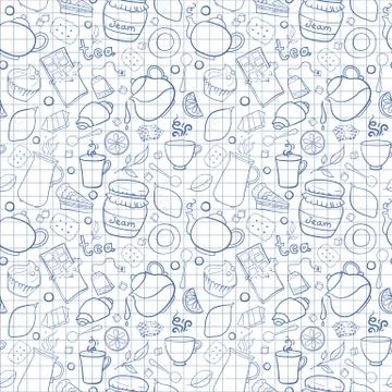 Tea and sweets vector seamless pattern on exercise book background Stock Illustration