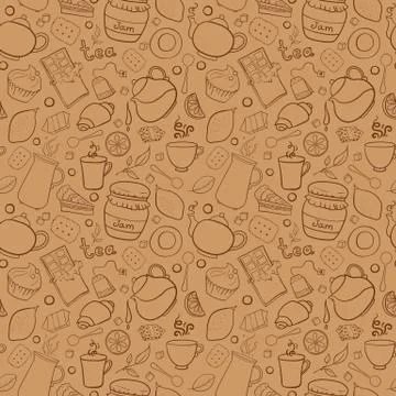 Tea and sweets vector seamless pattern Stock Illustration