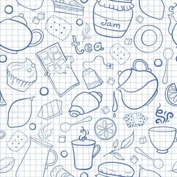 Tea and sweets vector seamless pattern on exercise book background Illustrazione stock