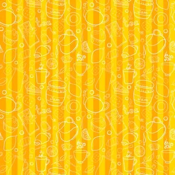 Tea and sweets vector seamless pattern on striped background Stock Illustration