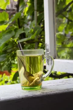 Tea and tea bag under the summer sun. A tea bag in a glass transparent mug on Stock Photos