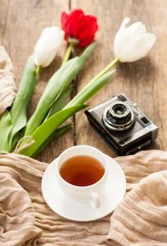 Tea and tulips Stock Photos
