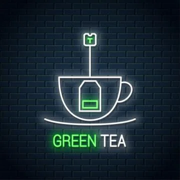 Tea bag inside a tea cup neon sign. Green tea neon Stock Illustration