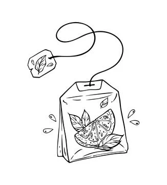 Tea bag with lemon slices, mint leaves, and leaf tag  Black and white 스톡 일러스트