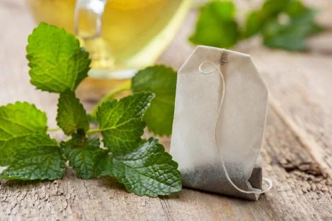 Tea bag with mint Stock Photos