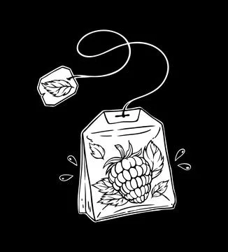 Tea bag with raspberry and leaf tag  Black background illustration 库存插图