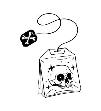 Tea bag with skull and crossbones tag  White background illustration Stock Illustration