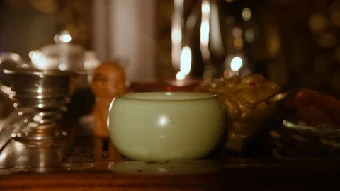 The tea bowl on the background of the tea table Stock Footage 74449905