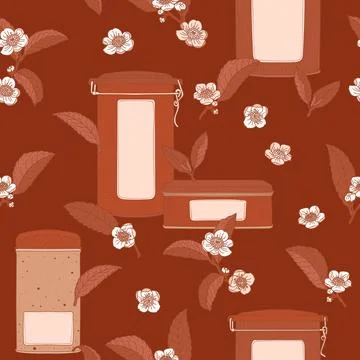Tea boxes and flowers seamless pattern 스톡 일러스트