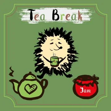Tea break. Hedgehog with a mug of tea, tea and jam Stock Illustration