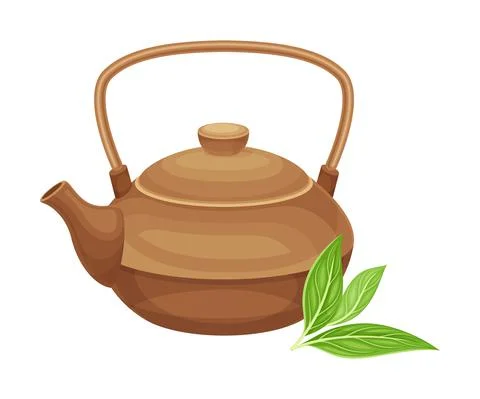 Tea Brewing in Ceramic Brown Teapot or Kettle with Spout as Hot Aromatic Stock Illustration