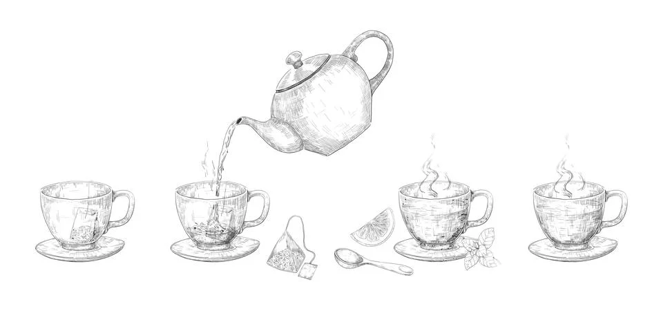 Tea brewing steps. Hand drawn stages of drink making with kettle and mug. Green 스톡 일러스트