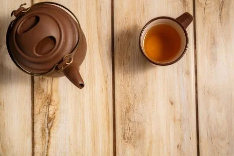 Tea in brown teapot. top view Stock Photos
