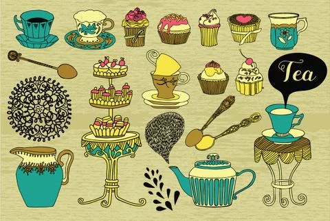 Tea, cakes and sweets Stock Illustration