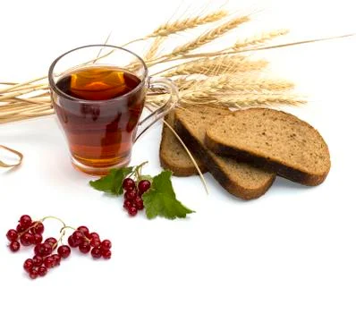 Tea, cereals, currant and bread Stock Photos