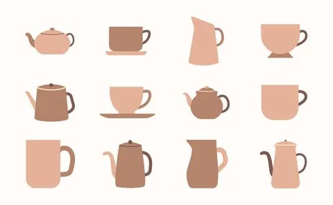 Tea ceremony ceramic cups, teapots, mugs , tea milk and coffee cups doodle set Stock Illustration