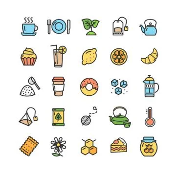 Tea Ceremony Color Thin Line Icon Set. Vector 스톡 일러스트