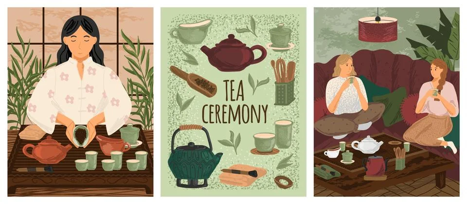 Tea ceremony concept vector posters. Traditional chinese way or tea. Friends Illustration