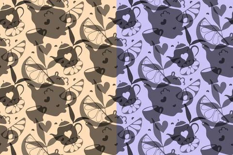 Tea ceremony concept vector seamless pattern, hand drawn tea pot, lemon slices Stock Illustration