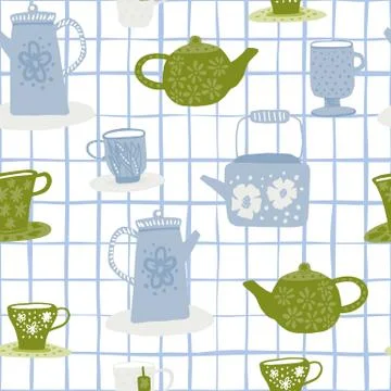 Tea ceremony doodle seamless pattern. White background with check. Green and  Stock Illustration