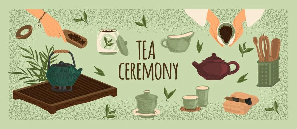 Tea ceremony equipment set vector illustration. Traditional japanese and chinese Stock Illustration
