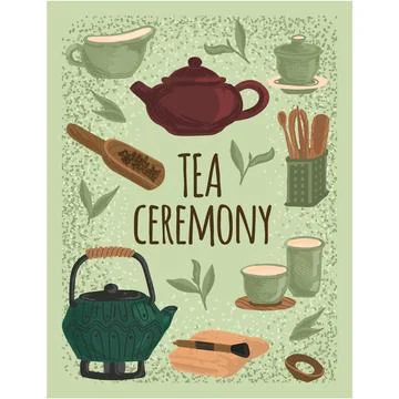 Tea ceremony flat vector and traditional accessory 库存插图