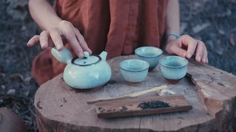 Tea ceremony. Hands pouring hot water into handmade teapot using bamboo tools Stock Footage 101041001