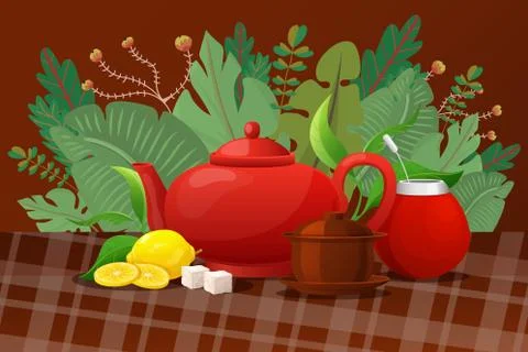 Tea ceremony object stuff, advertisement stand banner cartoon vector Ilustración de archivo