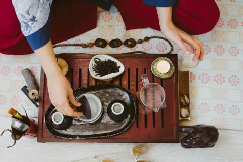 Tea ceremony. The process of brewing Chinese tea. Beautiful tea set. Dishes f Stock Photos