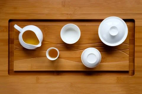 Tea ceremony set on bamboo table top view Stock Photos