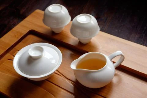 Tea ceremony set on bamboo table Stock Photos