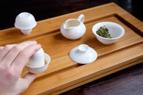 Tea ceremony set on bamboo table 写真素材