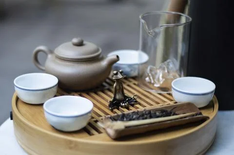 Tea ceremony set on table Stock Photos