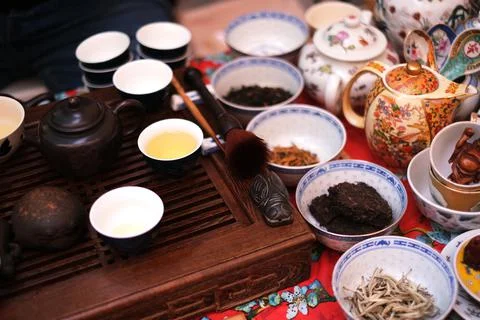  tea ceremony set top view Stock-Fotos