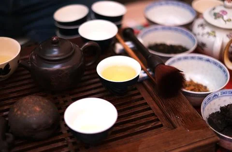  tea ceremony set top view Stock-Fotos