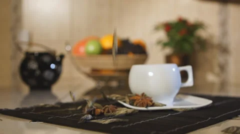 Tea ceremony. Super slow motion Falling Tea Leaves Vídeo Stock 34278689