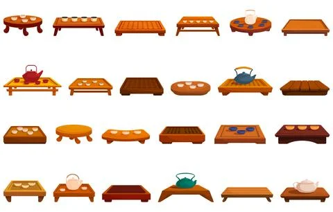 Tea ceremony table icons set cartoon vector. Traditional chinese Stock Illustration