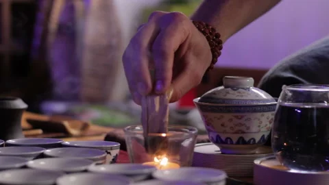 Tea Ceremony using Peruvian Palo Santo holy wood incense stick Stock Footage 113358454