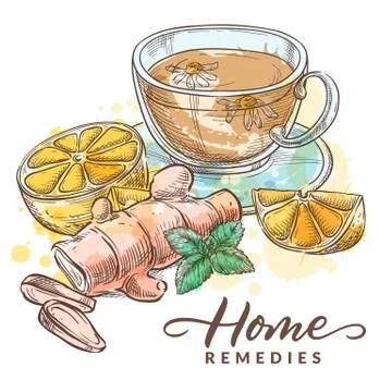 Tea with chamomile, lemon, ginger and mint. Home remedies treatment for colds Stock Illustration